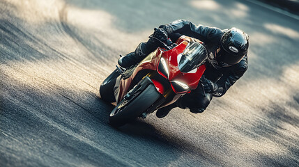 A motorcycle rider recovering from a skid on a tight corner their body leaning heavily into the turn as they regain control.