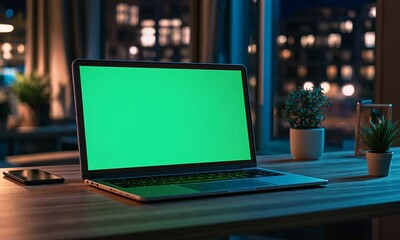 Laptop with Green Screen on a Desk at Night - Powered by Adobe