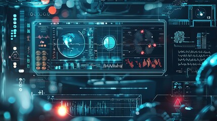 A futuristic interface displays global data and analytics with vibrant visuals, emphasizing technology and information processing.