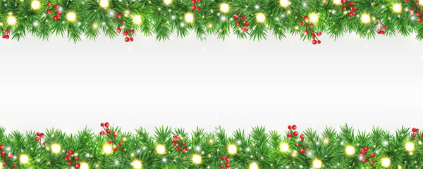 Christmas frame with green fir branches. Pine tree border with golden stars, red berries, glitter light. Winter Holiday background. New Year garland. Xmas evergreen plant banner. Vector illustration