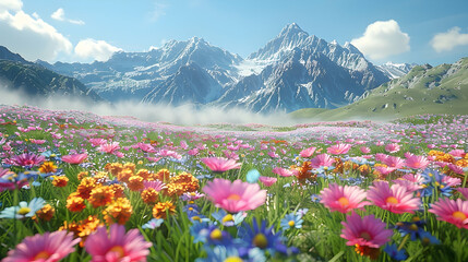 Fototapeta premium A peaceful meadow filled with wildflowers swaying in the breeze under a clear sky