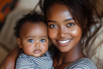 there is a woman holding a baby and smiling for the camera