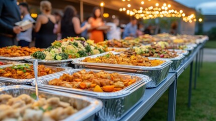 Obraz premium A vibrant outdoor buffet with diverse dishes under twinkling string lights, AI