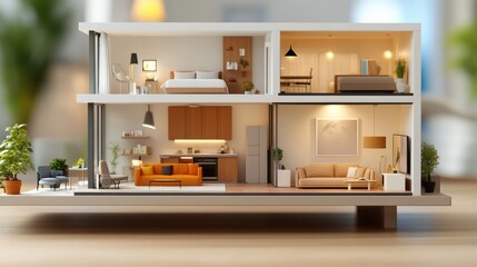 Fototapeta premium A cutaway model of a house showcasing meticulously designed interiors and furnishings, providing a peek into modern living spaces with a touch of elegance.