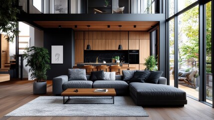 Obraz premium An open living space with high ceilings, featuring wooden accents, a plush gray sofa, and a dining area, highlighted by ample natural light.