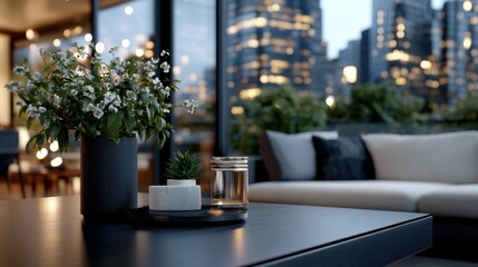 A sleek modern living room features a cityscape view with elegant decor, including a vase with flowers and candles on a dark wooden table.