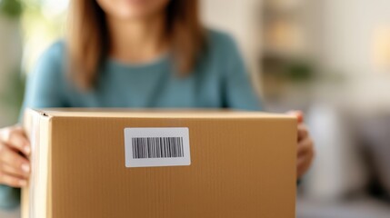 A person with blurred features holds a cardboard package prominently displaying a barcode, illustrating themes of shipping, delivery, and logistics.