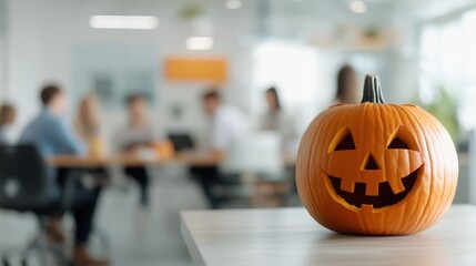 A cheerful Jack-o'-lantern with a bright grin adds festive Halloween charm to a sleek office setting, exemplifying the blend of fun and professionalism.