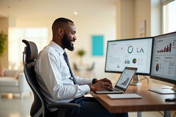 Middle Aged Black Man Working at Stylish Office Desk