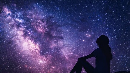  A woman sat atop a hill, beneath a vast sky of stars and blue