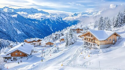 Fototapeta premium A picturesque snowy landscape featuring charming wooden chalets nestled among majestic mountains under a clear blue sky.