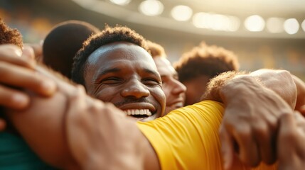 A delighted group of friends in brightly colored shirts embrace each other in a moment of camaraderie and joy at what appears to be a buzzing sports stadium.