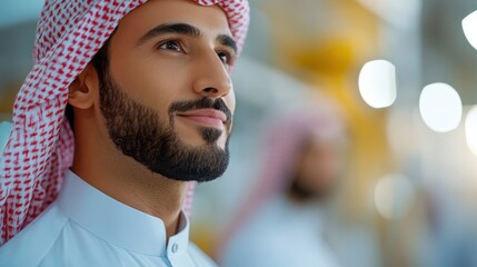 A Middle Eastern man wearing a keffiyeh is gazing thoughtfully into the distance, symbolizing contemplation and cultural pride in a bustling modern environment.