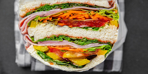 vegetable sandwich layers ham meat spam fresh meal food snack on the table copy space food...