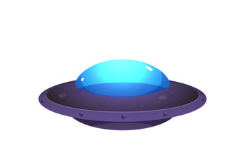 Unidentified flying object UFO, alien spaceship saucer shape, vector cartoon extraterrestrial spacecraft with blue dome