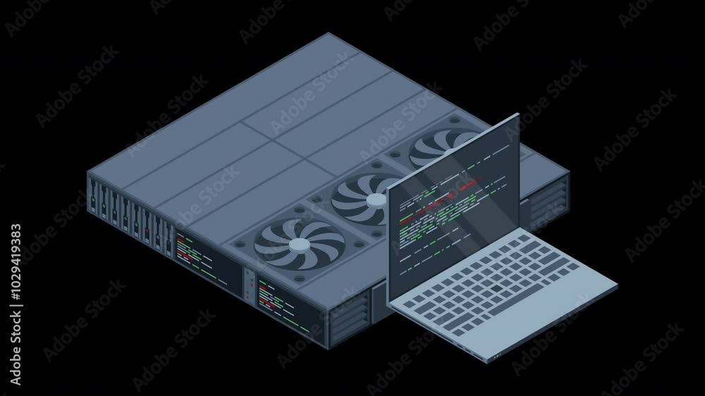 Poster isometric server animation. server racks. server boxes isolated. network server room. computer netwo