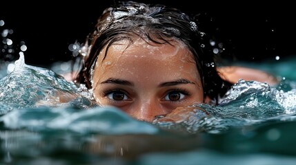 Obraz premium This is a striking image of a woman swimming in a reflective pool. Partially submerged with only her eyes above water, she maintains a focused look.