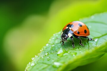 Fototapeta premium Ladybug on a dewy leaf in vibrant green nature scene