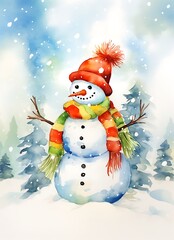 Fototapeta premium there is a snowman with a scarf and hat on in the snow