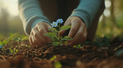 A person gently plants a small blue flower in rich soil, showcasing a connection with nature and a dedication to nurturing growth.