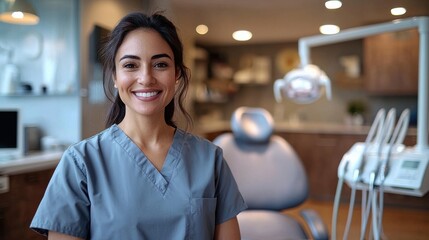 Friendly dental assistant in scrubs smiles warmly in a modern clinic waiting area during a busy day