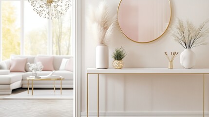 Elegant interior decor featuring a stylish console table, minimalist vases, and a round mirror in a bright living room setting