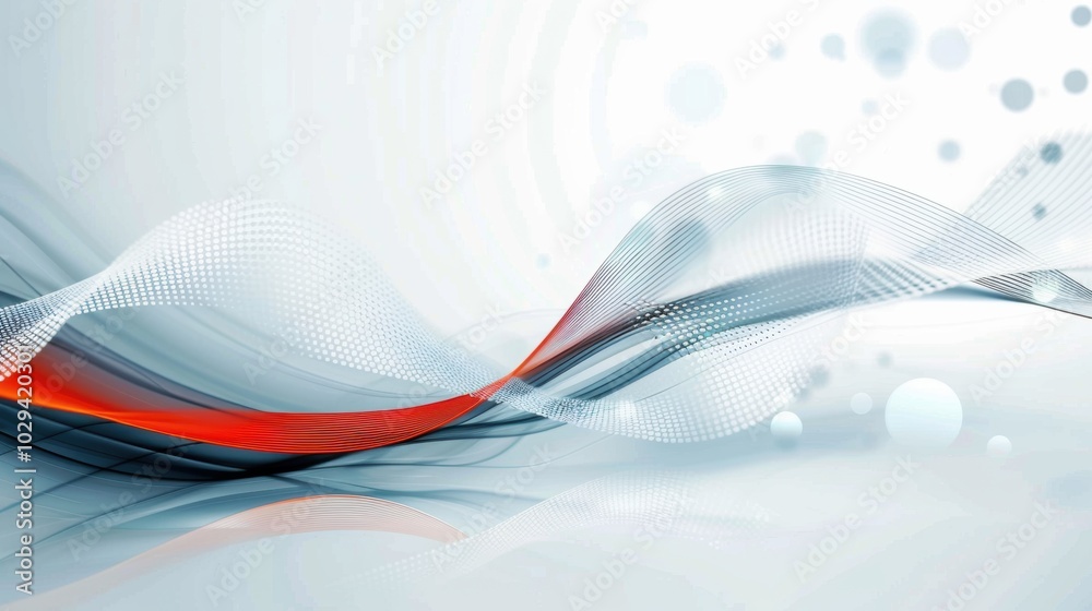 Wall mural abstract digital art of flowing wave with dotted texture and red accent on a white background.