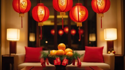 A warmly lit living room adorned for Chinese New Year with lanterns, couplets, and festive decorations creating a joyful ambiance