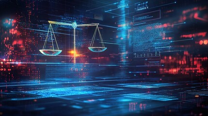 A digital representation of scales of justice, symbolizing law and order in a futuristic, high-tech environment filled with data streams.