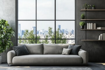 Cozy Living Room with Scandinavian Decor and Panoramic City View
