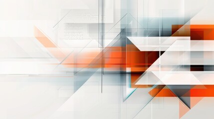 Complex geometric abstraction with overlapping transparent layers and orange accents on a white background