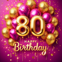 Colorful birthday celebration with golden '80' balloons and sparkling confetti.