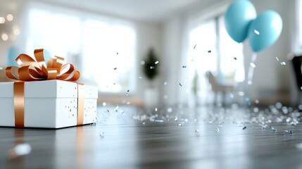 A close-up of a beautifully wrapped gift box adorned with an orange bow, surrounded by sparkling confetti on a dark wooden floor, exuding festive charm.