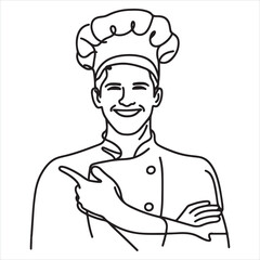 single one line young happy attractive male chef silhouette on white background