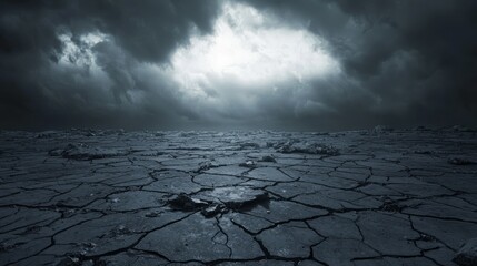 Apocalyptic Desolation: Surreal Scene of Cracked Earth with Abandoned Fragments of a Dystopian Society under Dramatic Stormy Skies and Cinematic Lighting