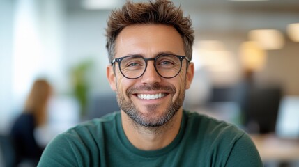 Fototapeta premium The image captures a smiling man with stylish glasses in a vibrant office setting, wearing a green shirt and exuding confidence and approachability.