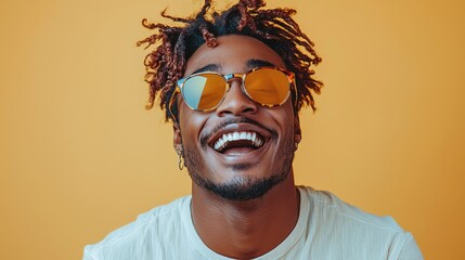 Young man with stylish sunglasses smiles against a vibrant yellow background during daytime, exuding excitement and joy