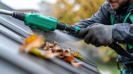 A person is using a powerful pressure washer to remove wet leaves from a metal roof, focusing on cleaning debris with precision and efficiency in an outdoor setting.