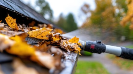 Obraz premium Brown and yellow autumn leaves are being cleared from a rooftop using a powerful water spray, highlighting efficient seasonal home maintenance techniques.