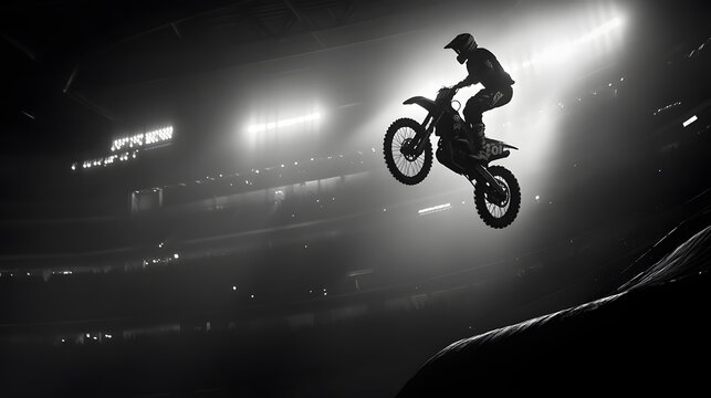 A rider flying off a jump during a supercross race with the stadium lights casting dramatic shadows as they soar through the air.