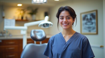Fototapeta premium Dental assistant smiles confidently in a modern clinic setting during the day, showcasing a welcoming atmosphere for patients