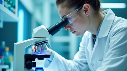 Woman scientist looking through a microscope in a Microbiology laboratory. Female Scientist working with Microscope in Laboratory Scientific Research