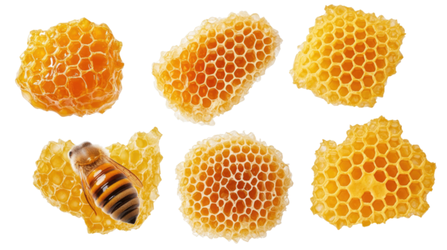 Variety of Honeycombs and Bees Isolated on a White Background Generative AI