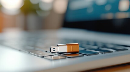 Close-up shot of a USB flash drive resting on a laptop keyboard, illustrating modern-day digital storage and connectivity in a high-tech workspace.