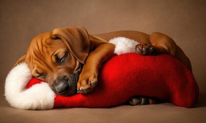 a Rhodesian Ridgeback puppy snuggled in a red and white Christmas stocking