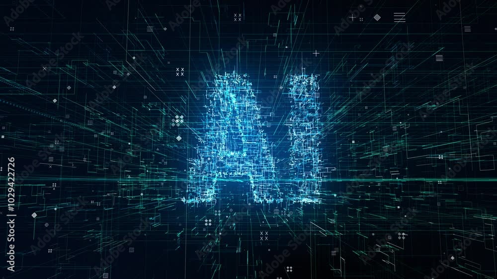 Wall mural ai letters animation of glowing symbols in virtual digital world, 4k abstract artificial intelligenc