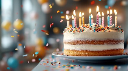 A birthday cake adorned with lit candles and colorful confetti, encapsulating celebration and joy, set against a softly blurred party background.