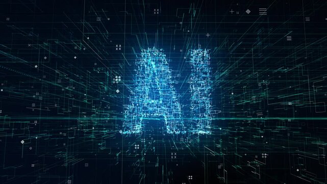 AI letters animation of glowing symbols in virtual digital world, 4k abstract artificial intelligence tech animated template - Powered by Adobe