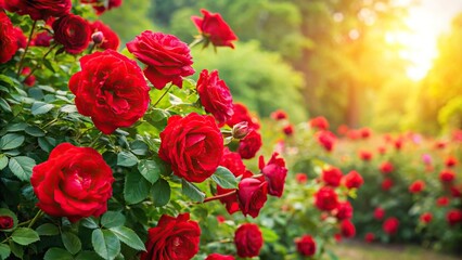 Fototapeta premium Red roses bush in summer background Wide-Angle