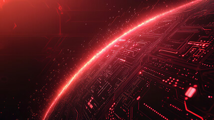 Fototapeta premium Abstract red digital background with glowing lights and planet surface, a futuristic tech concept banner for business technology or data network design in space